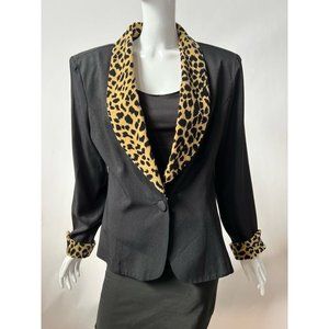 Jessica Howard Womens Suit Jacket Blazer Black Cheetah Print Shawl Collar USA 10